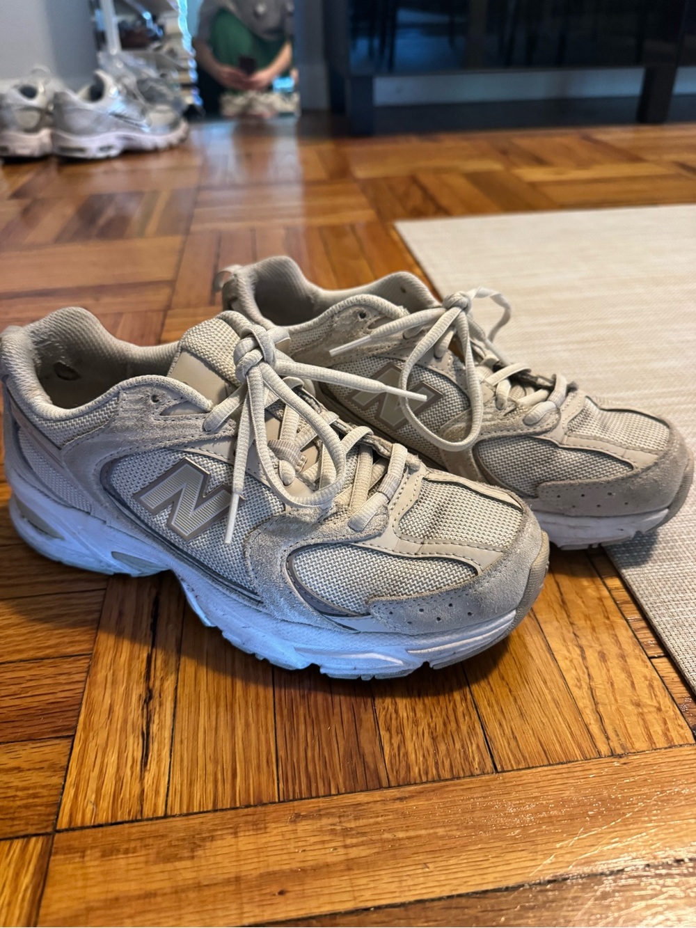 New Balance Light Beige Mesh and Suede Runner Sneakers